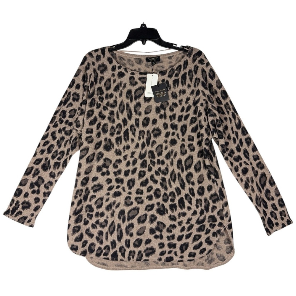 Charter Club Womens 100% Cashmere Leopard Print Sweater Taupe Size Large NWT